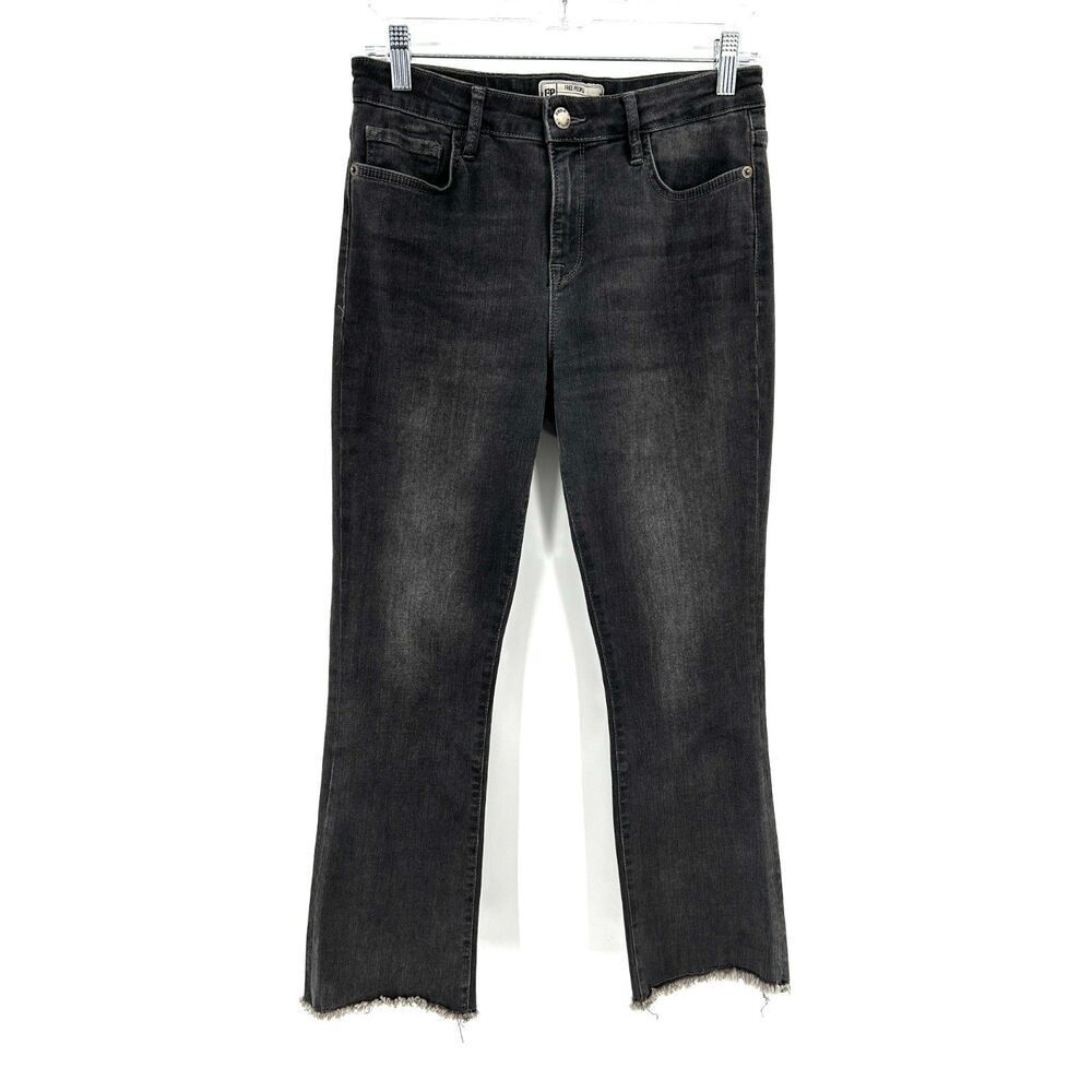 FREE PEOPLE Women's Black High Rise Raw Hem Straight Leg Boho Cropped Jeans 29